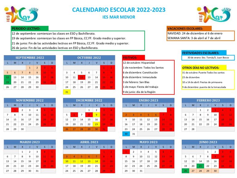 Calendario Escolar 2022 2023 Ies Mar Menor